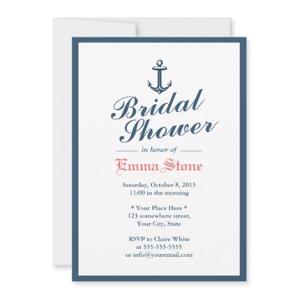 Classy Blue Border Nautical Anchor Bridal Shower Invitations