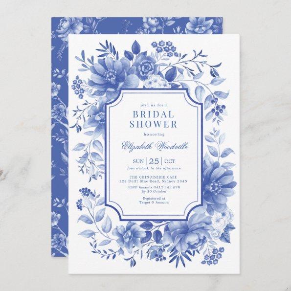 Classy Blue White Floral Chinoiserie Bridal Shower Invitations
