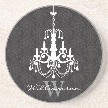 Classy Damask Chandelier Monogram Coaster (black)