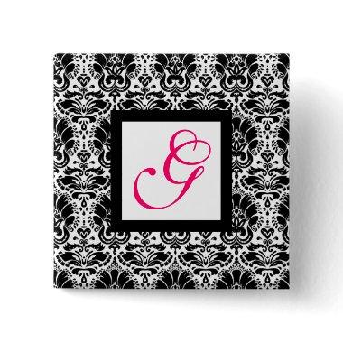 CLASSY DAMASK MONOGRAM,pink fuchsia Pinback Button