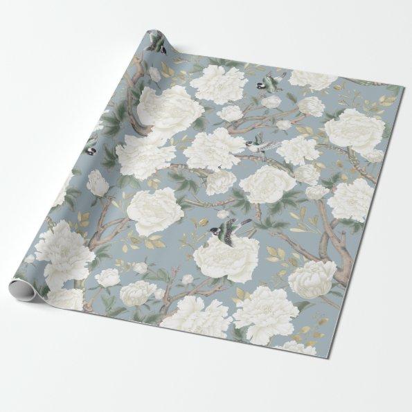 Classy Dusty Blue White Chinoiserie Flowers Birds Wrapping Paper