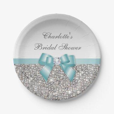 Classy Faux Teal Bow Silver Sequins Bridal Shower Paper Plates