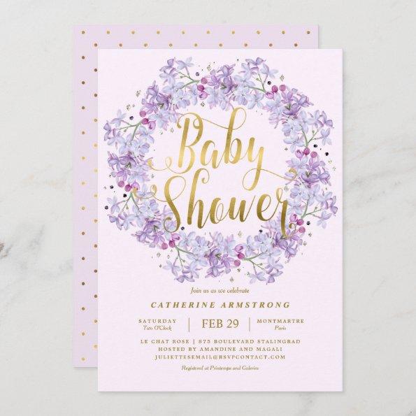 Classy Light Purple Gold Floral Wreath Baby Shower Invitations
