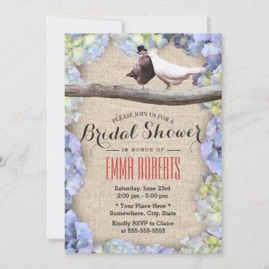 Classy Love Birds Hydrangea Flowers Bridal Shower Invitations