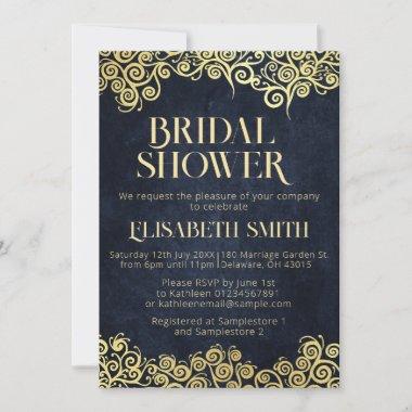 Classy Navy Blue And Gold Swirl Chic Bridal Shower Invitations