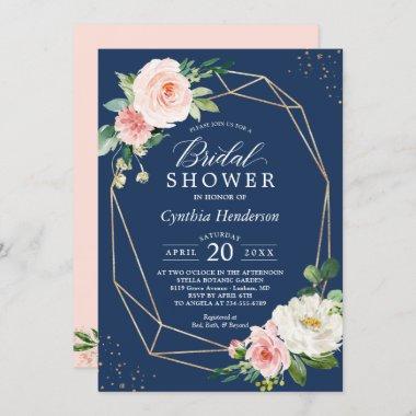 Classy Navy Blue Blush Pink Floral Bridal Shower Invitations