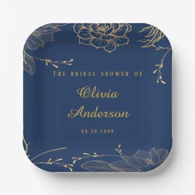 Classy Navy Blue Botanical Florals Bridal Shower Paper Plates