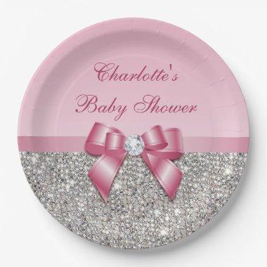 Classy Pink Bow Silver Sequins Baby Shower Paper Plates