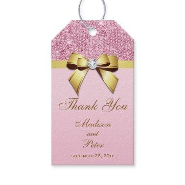Classy Pink Sequins Gold Bow Thank You Gift Tags