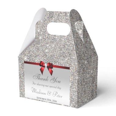 Classy Silver Sequins Red Diamond Bow Favor Box