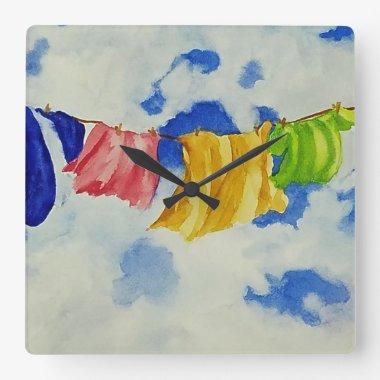 Clothesline Art Bright Colored Laundry Square Wall Clock