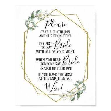 Clothespin bridal shower greenery gold game sign