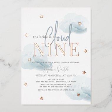 Cloud 9 Gold Stars & Blue Clouds Bridal Shower Foil Invitations