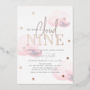 Cloud 9 Gold Stars & Pink Clouds Bridal Shower Foil Invitations