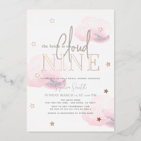Cloud 9 Gold Stars & Pink Clouds Bridal Shower Foil Invitations