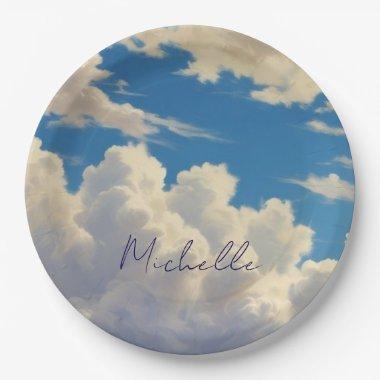 Clouds Blue Sky Plain Modern Own Name Calligraphy Paper Plates