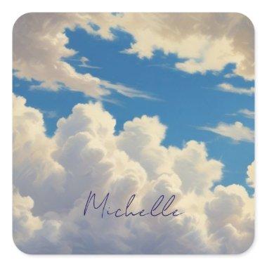Clouds Blue Sky Plain Modern Own Name Calligraphy Square Sticker