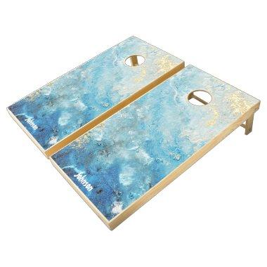 Cloudy Sky Blue and White Modern Monogram Cornhole Set
