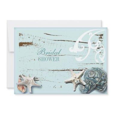 Coastal barn wood aqua blue starfish seashells Invitations