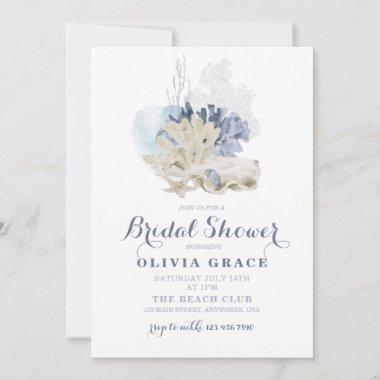 Coastal Beach blue seashell bridal shower Invitations