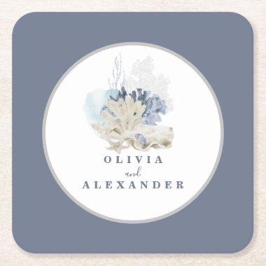 Coastal Beach blue seashell wedding Square Paper Coaster