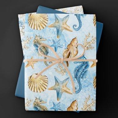 Coastal Chic | Modern Blue and Gold Under the Sea Wrapping Paper Sheets