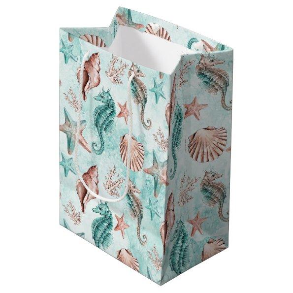 Coastal Chic | Teal and Coral Reef Pastel Pattern Medium Gift Bag