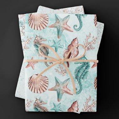 Coastal Chic | Teal and Coral Reef Pastel Pattern Wrapping Paper Sheets