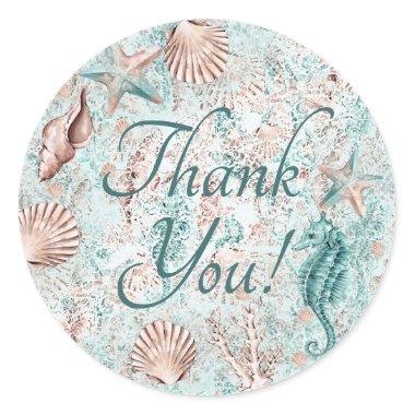 Coastal Chic | Teal Green and Coral Reef Thank You Classic Round Sticker