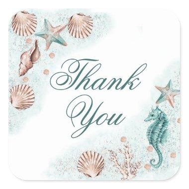 Coastal Chic | Teal Green and Coral Reef Thank You Square Sticker