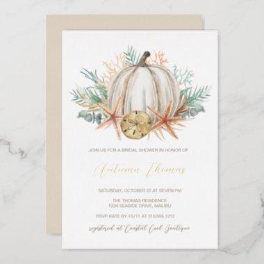 Coastal Fall Pumpkin and Seashells Bridal Shower Foil Invitations