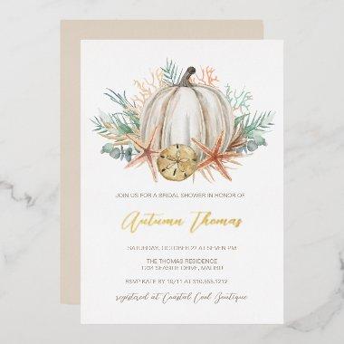 Coastal Fall Pumpkin and Seashells Bridal Shower Foil Invitations