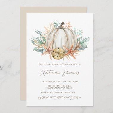 Coastal Fall Pumpkin & Seashells Bridal Shower Invitations