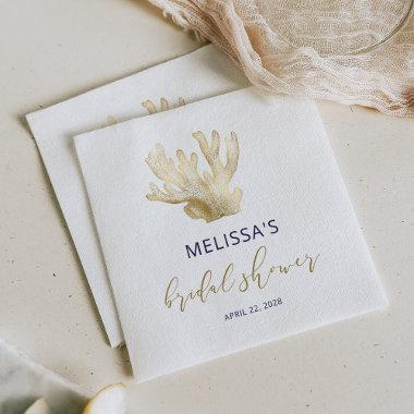 Coastal Gold Sea Coral Navy Blue Bridal Shower Napkins