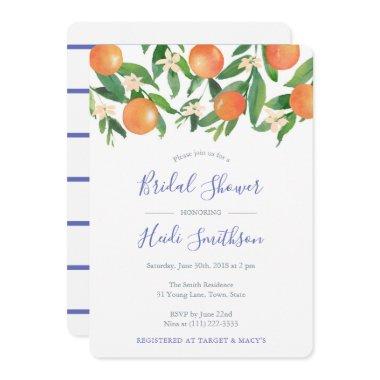 Cobalt Blue And Orange Citrus Bridal Shower Invitations