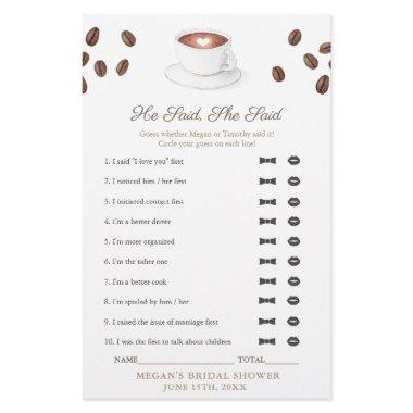 Coffee He Said She Said Bridal Shower Game Invitations