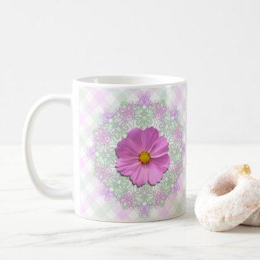 Coffee Mug - Medium Pink Cosmos on Lace & Lattice