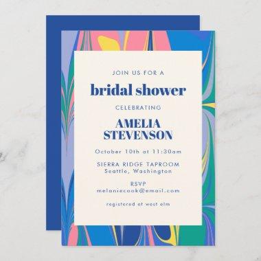 Colorful Abstract Marble Blue Pink Bridal Shower Invitations
