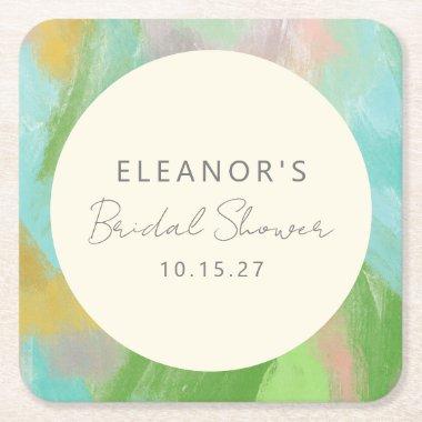 Colorful Abstract Watercolor Bridal Shower Custom Square Paper Coaster