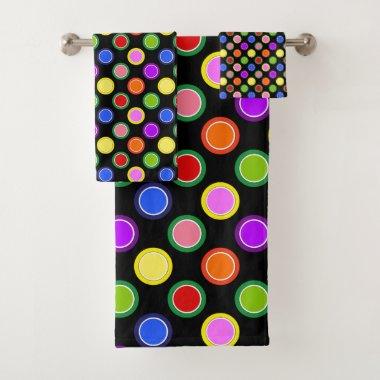 Colorful Candy Fruit Oversized Polka Dots on Black Bath Towel Set