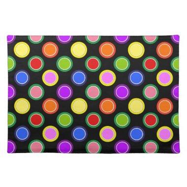 Colorful Candy Fruit Oversized Polka Dots on Black Cloth Placemat