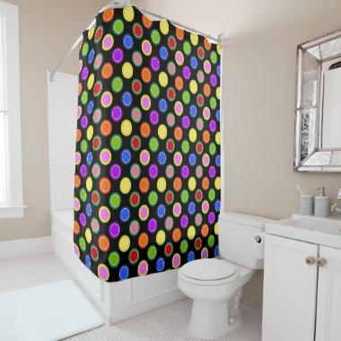 Colorful Candy Fruit Oversized Polka Dots on Black Shower Curtain