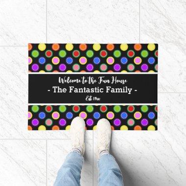 Colorful Candy Polka Dots on Black Personalized Doormat