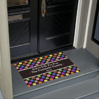 Colorful Candy Polka Dots on Black Personalized Doormat