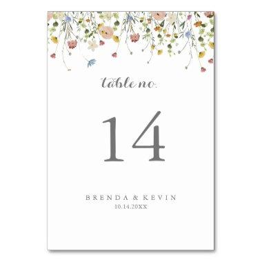 Colorful Dainty Wild Flowers Calligraphy Wedding Table Number