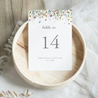 Colorful Dainty Wild Flowers Calligraphy Wedding Table Number