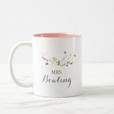 Colorful Dainty Wild Flowers Mrs Newlywed Bride Two-Tone Coffee Mug