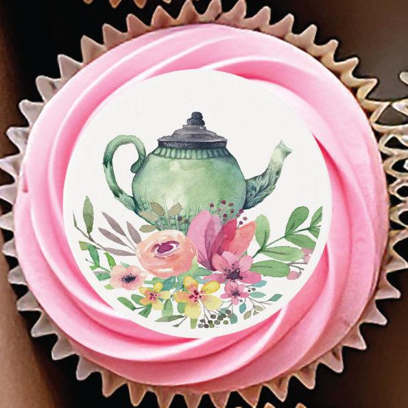Colorful Floral Bridal Tea Cupcake Frosting Round