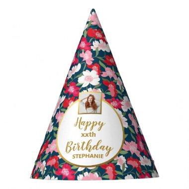 Colorful Floral Print Custom Photo Happy Birthday Party Hat