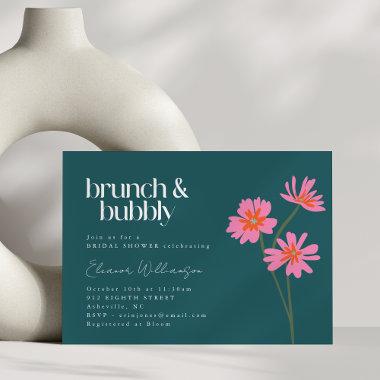 Colorful Flowers Pink Teal Floral Brunch Bubbly Invitations